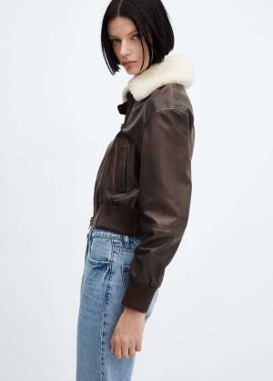 Mango Læder Bomber Jacket With Shearling Collar | MNG-25172