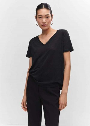 Mango V-neck Linen T-shirt | MNG-25070