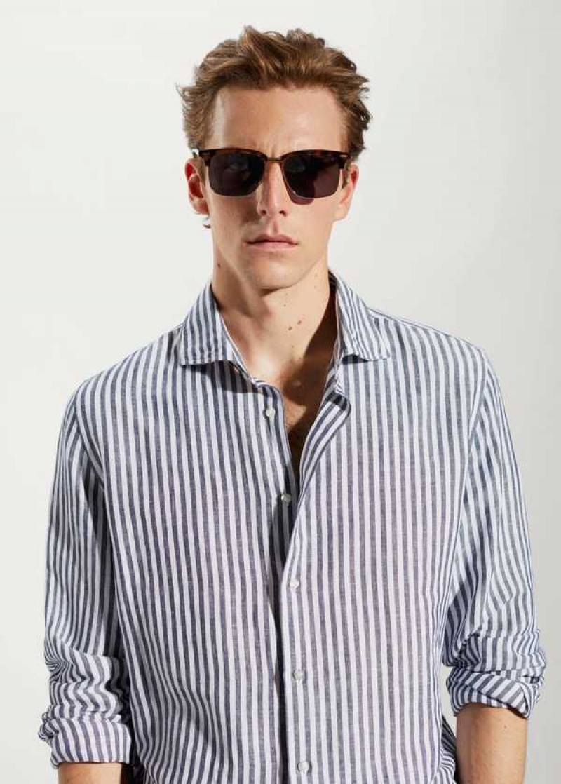 Mango Slim Fit Pruhovaný Linen Shirt | MNG-22002