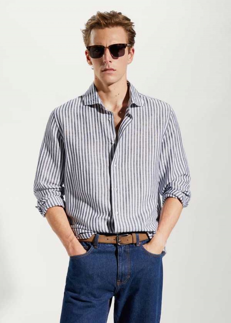 Mango Slim Fit Pruhovaný Linen Shirt | MNG-22002