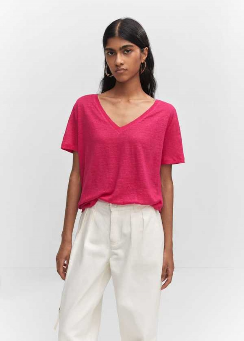 Mango V-neck Linen T-shirt | MNG-25057